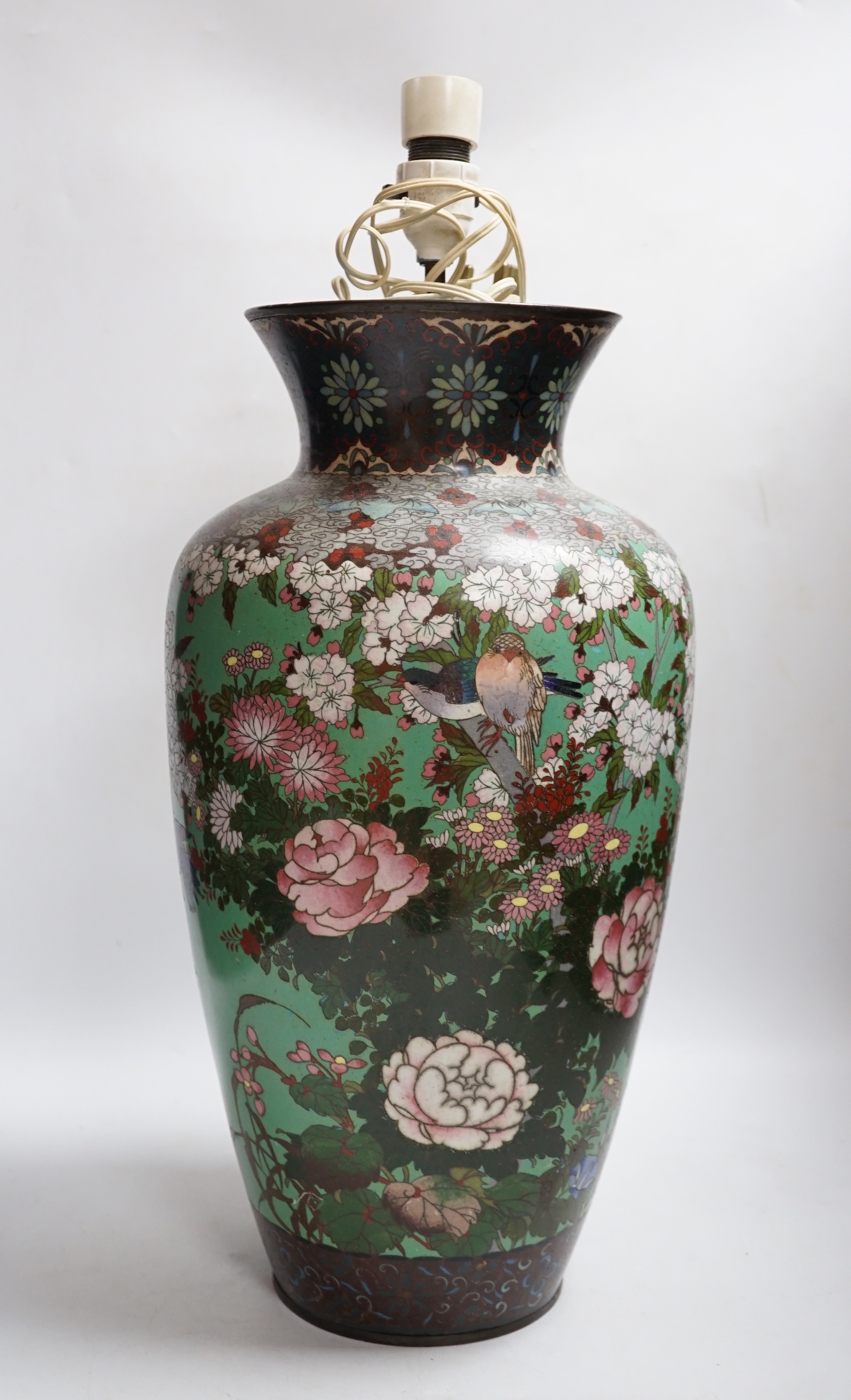 A large Japanese cloisonné enamel vase, Meiji period, mounted as a lamp, 45cm to vase rim